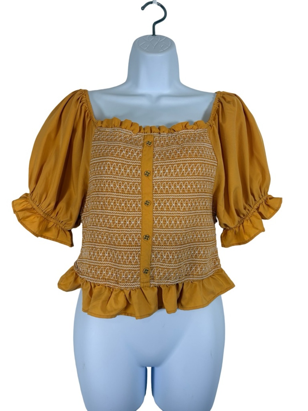 Girl Soul Mustard Yellow Smocked Crop Top XL Puff Sleeve Boho Peplum Blouse FLAW